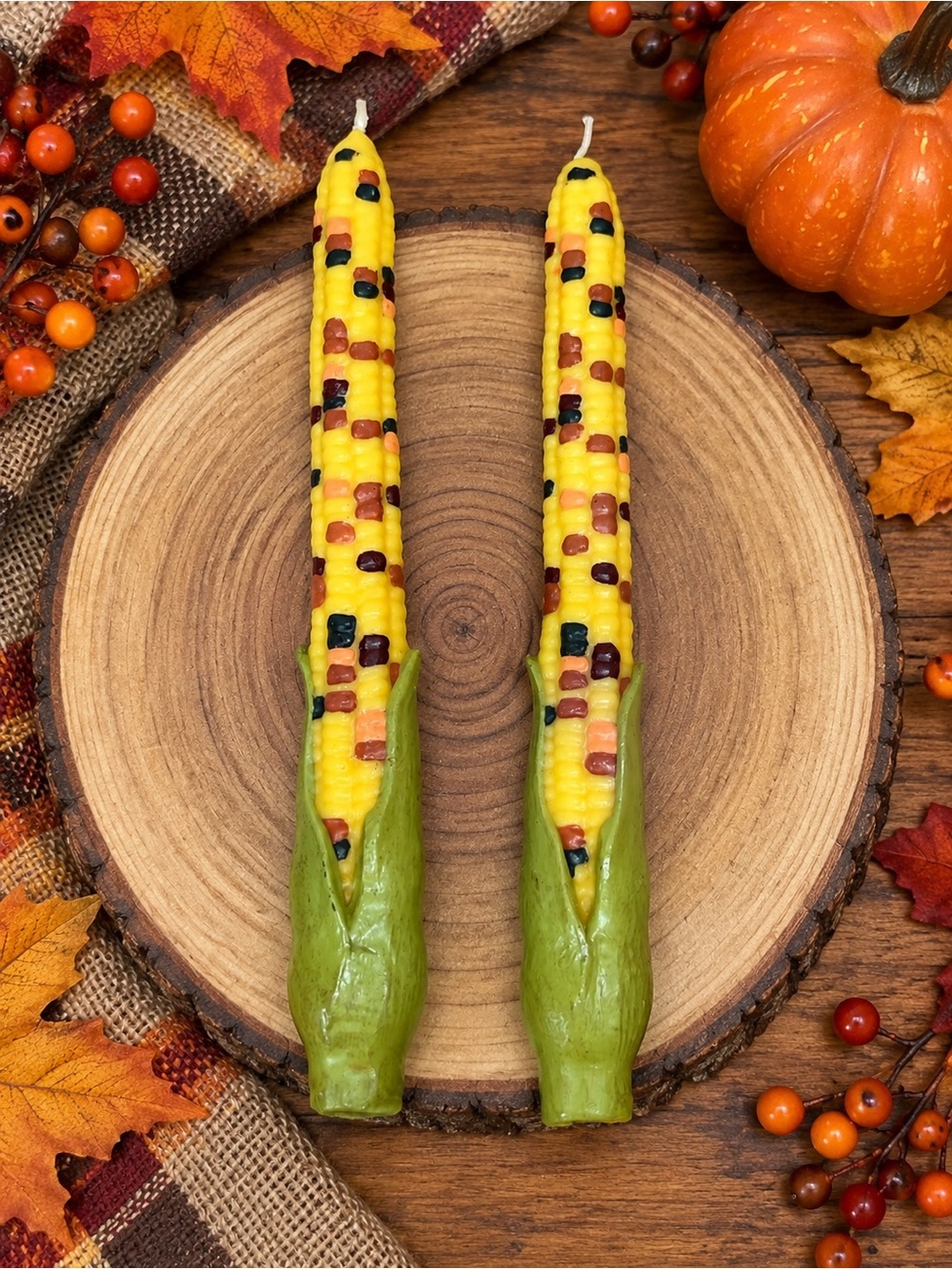 Vintage Russ Corn on Cob Taper Candles Set of 2 Fall Thanksgiving Halloween Deco